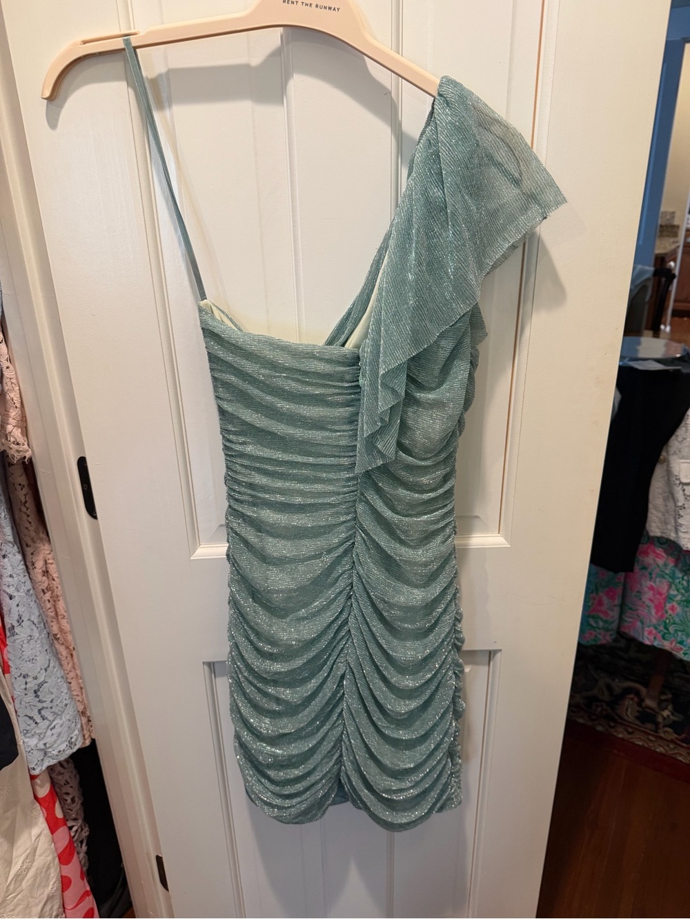 BCBGMaxAzria One-Shoulder Ruffle Ruched Mint Dress - Picture 3 of 4